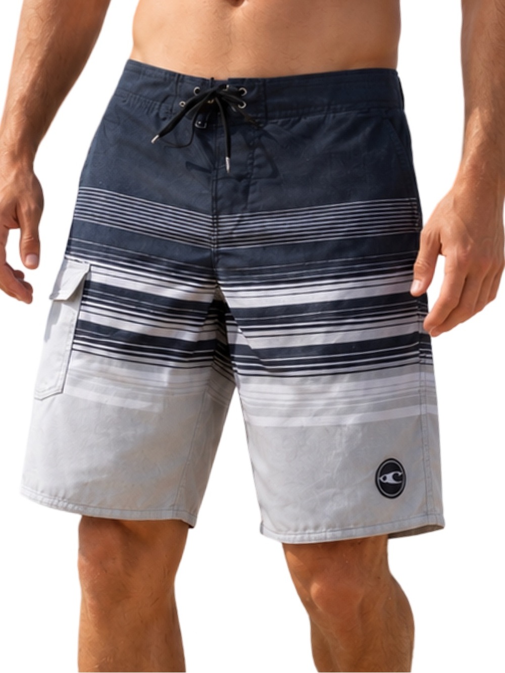O’Neill Board Shorts Men’s 32 Black Gray Stripe Surf Swim Trunks